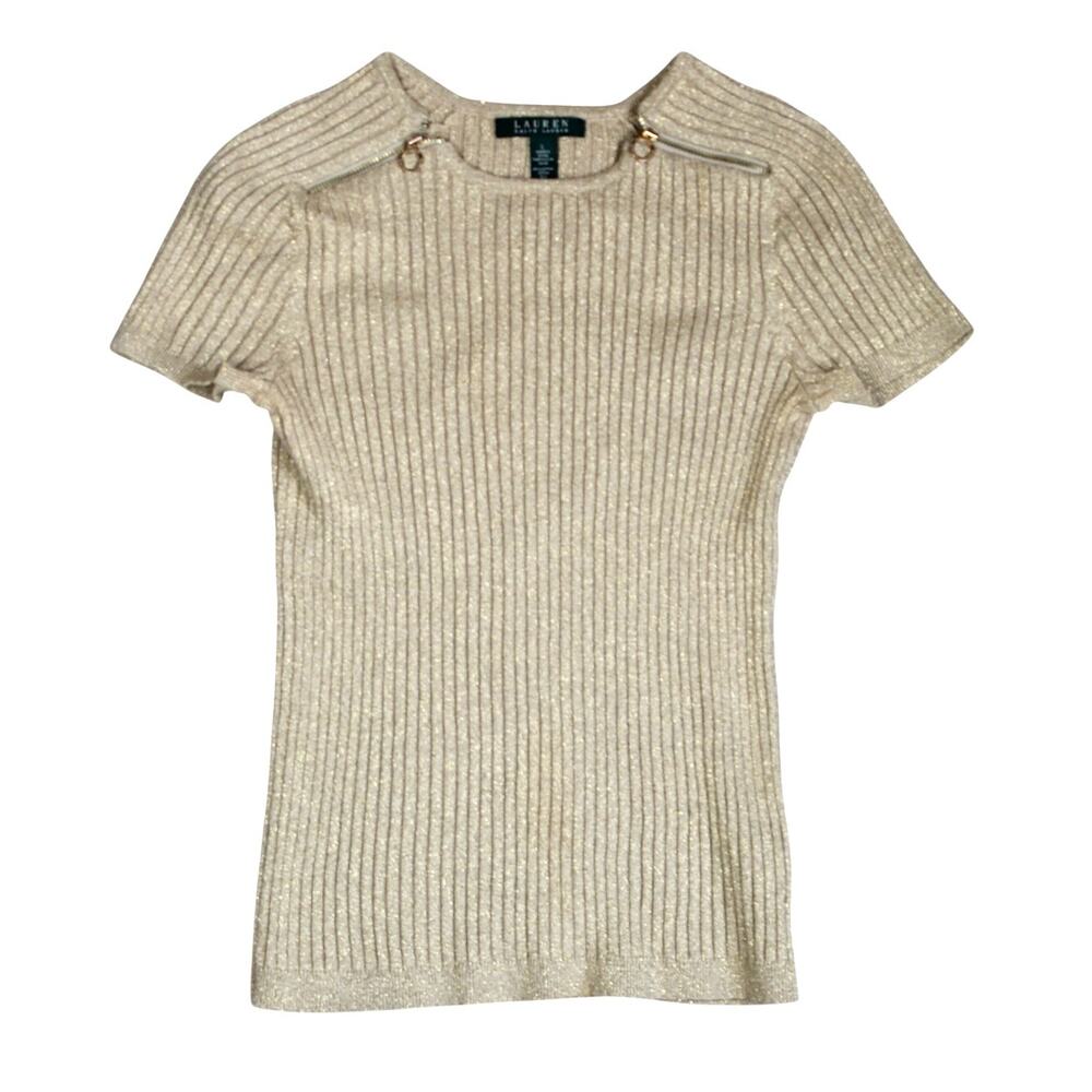 Ralph Lauren Sweater Womens Large Gold Metallic Shimmer Ribbed Y2K Zip Shoulders